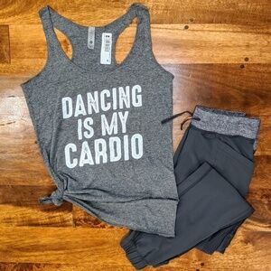 "Dancing Is My Cardio" Graphic Racerback Tank, Grey XS NWT